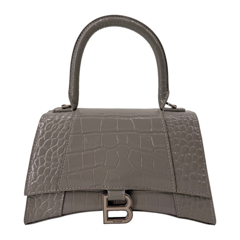 Balenciaga Hourglass Croc Embossed Leather Top Handle Bag Gray Women's One Size